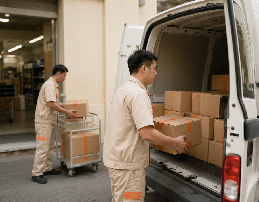 Nhân viên xếp thùng thuốc lên xe giao hàng tại kho