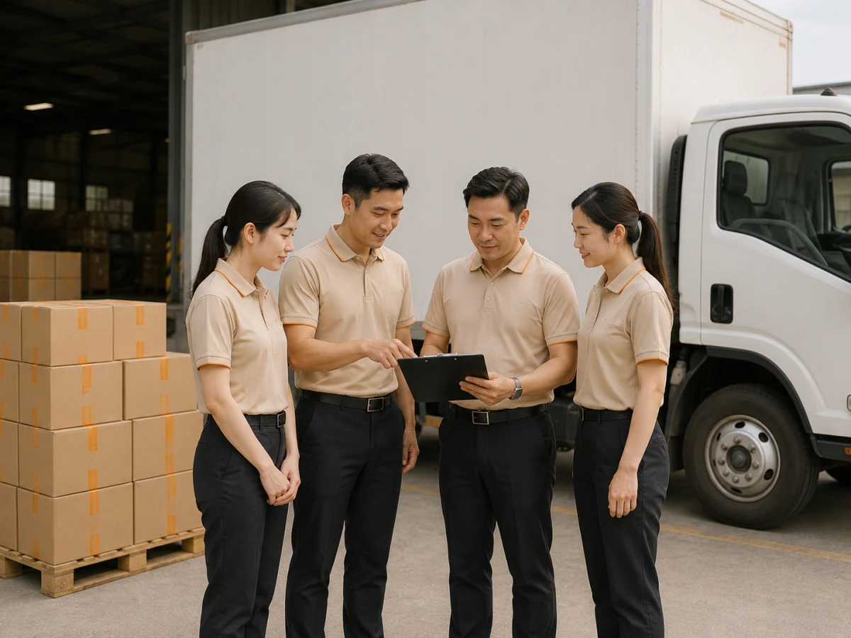 Đội ngũ Dược Phan Anh trao đổi công việc trước xe tải giao hàng tại kho