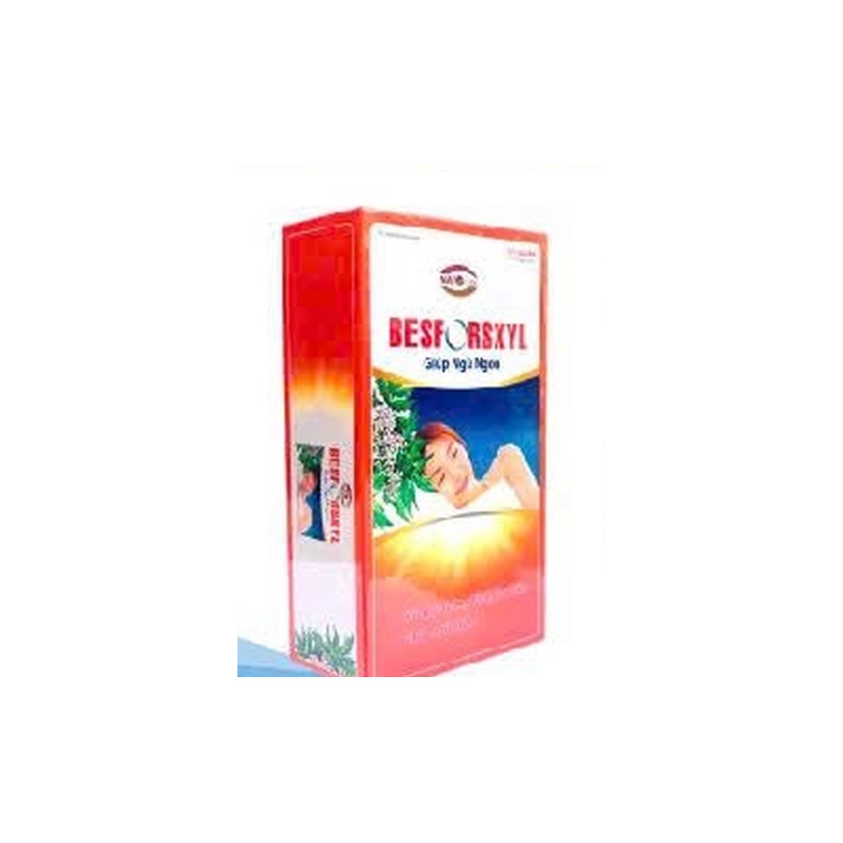 Hộp sản phẩm BESFORSXYL màu đỏ, có dòng chữ Giúp Ngủ Ngon và hình người đang ngủ
