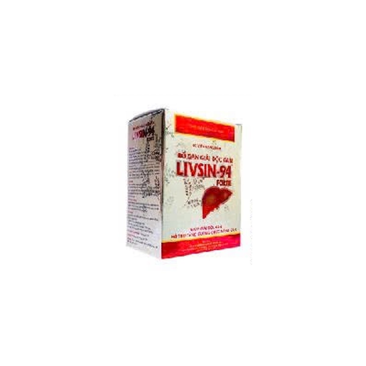 Hộp sản phẩm LIVSIN-94 FORTE màu trắng đỏ, có hình lá gan ở mặt trước