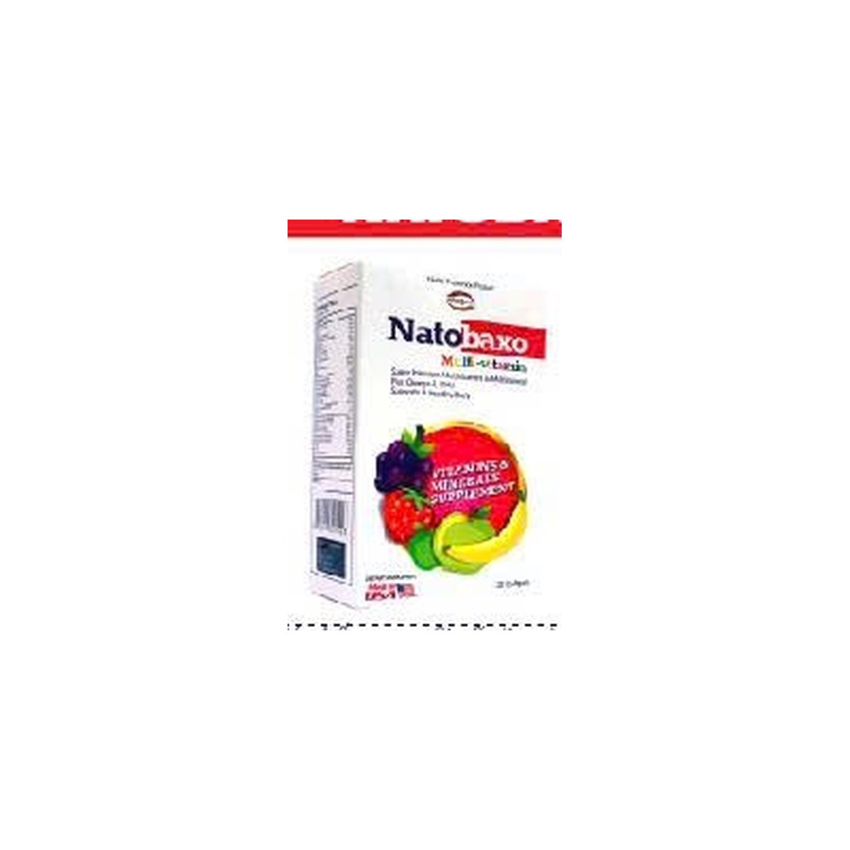 Hộp sản phẩm Natobaxo với hình minh họa nhiều loại trái cây